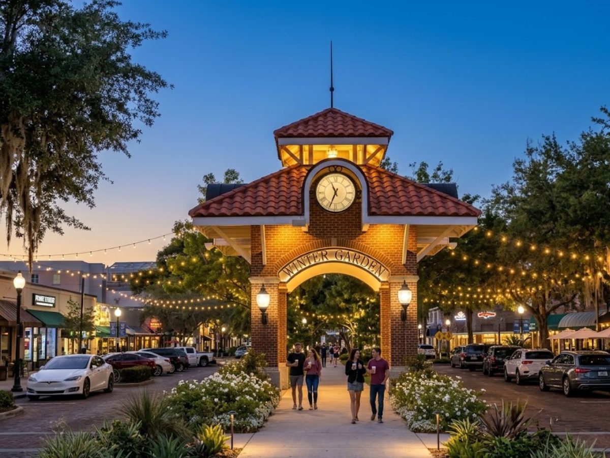 Winter Garden clock tower archway on Plant Street in downtown Winter Garden, Florida